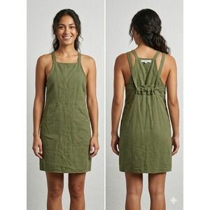 The Main Street Exchange Olive Green Linen Blend Halter Midi Dress Apron Style 8